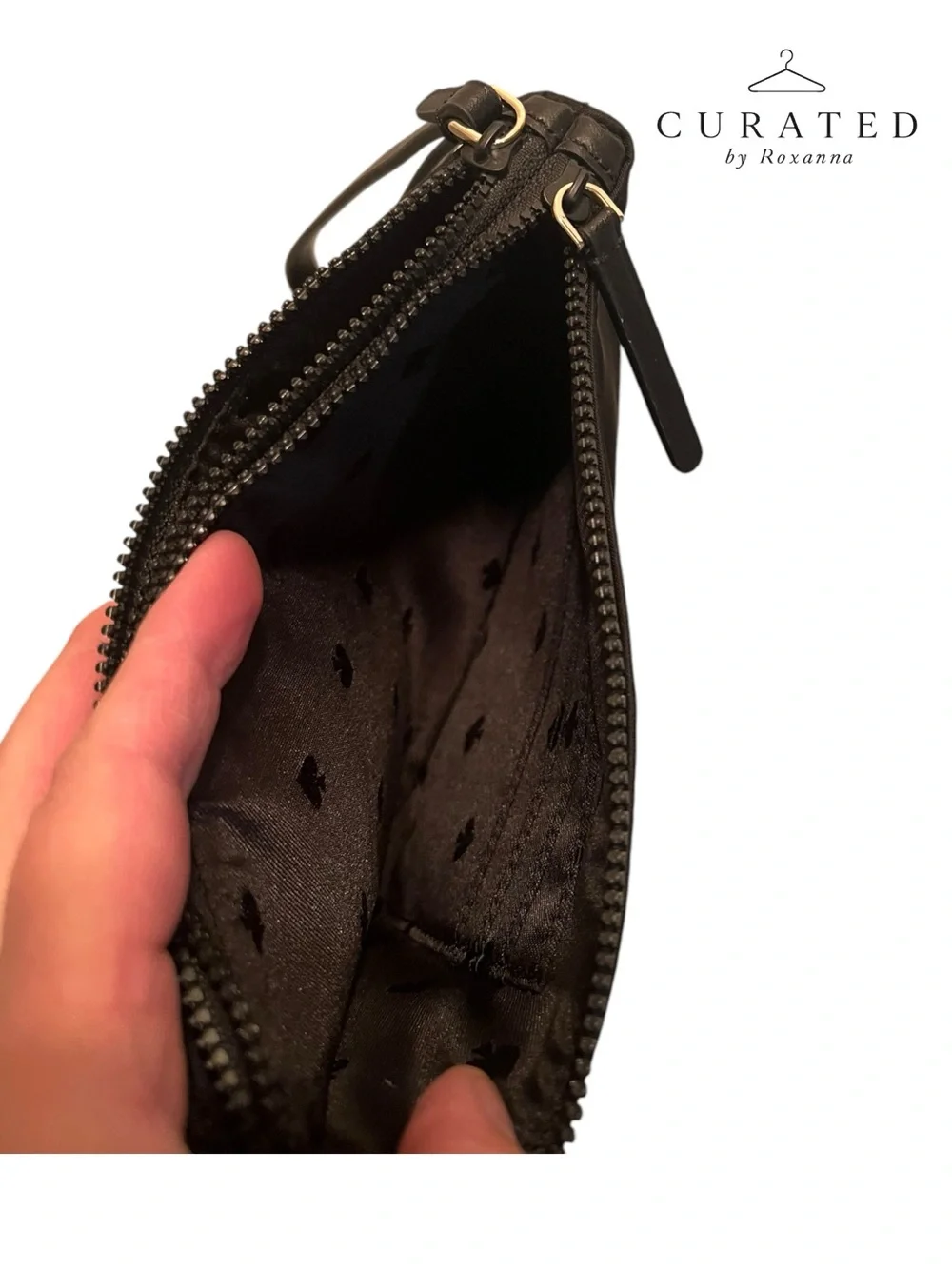 Kate Spade Black Nylon Wristlet Zip Pouch Clutch Gold Spade Logo EUC